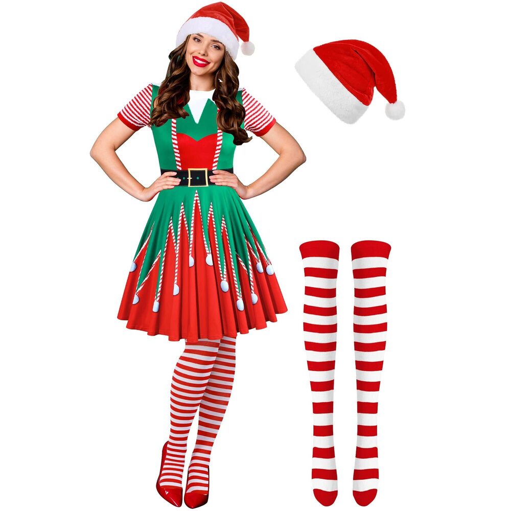 6233 3 Pcs Christmas Elf Costume Set Womens Short Sleeve